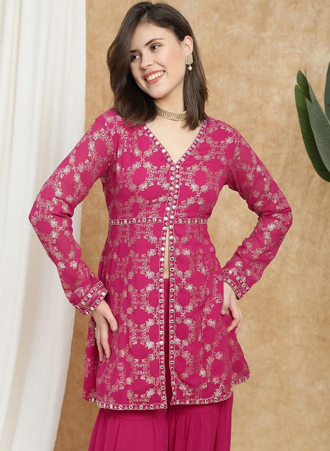 globus Women Pink V-Neck Gold Foil Print Tunic and Sharara Co-Ords - Image 5